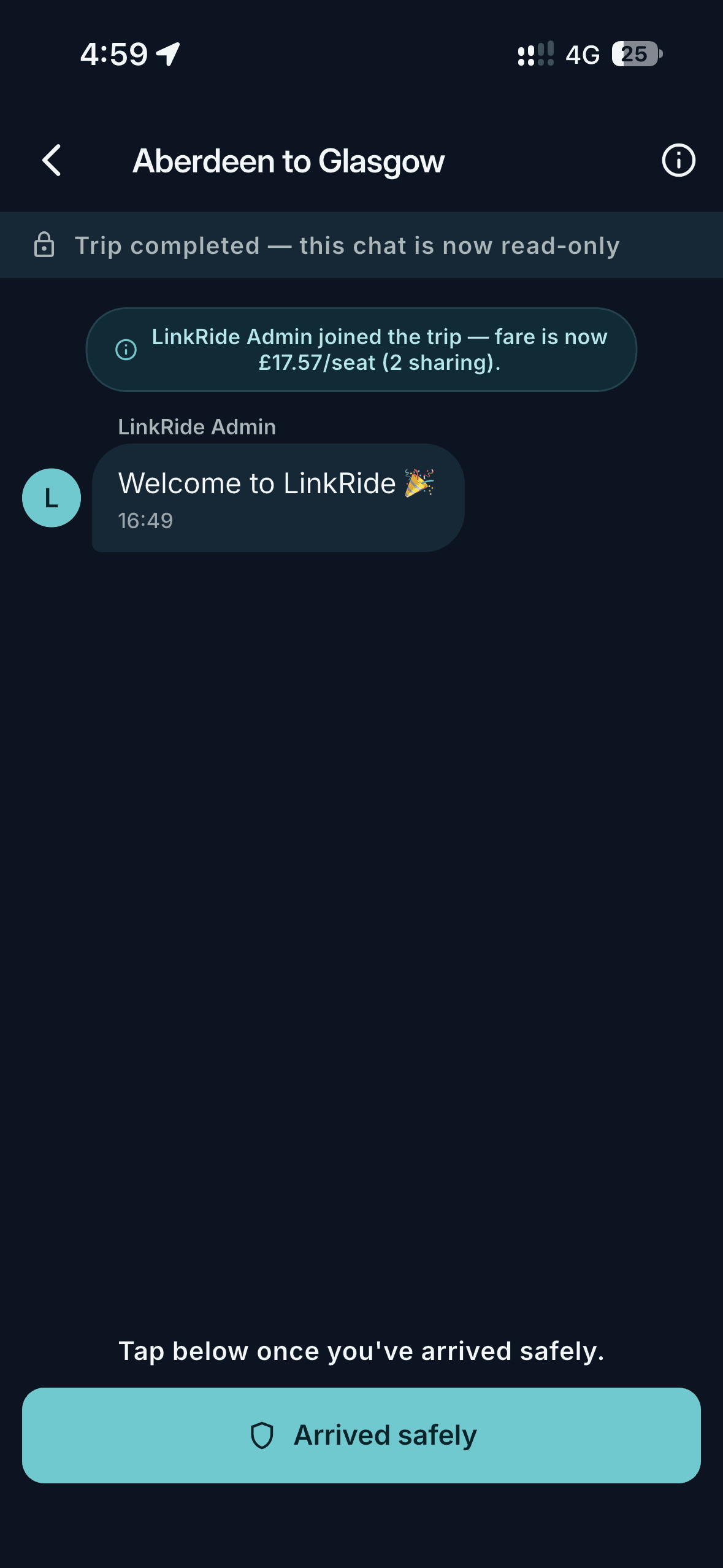 Trip chat after the journey, with an Arrived safely button