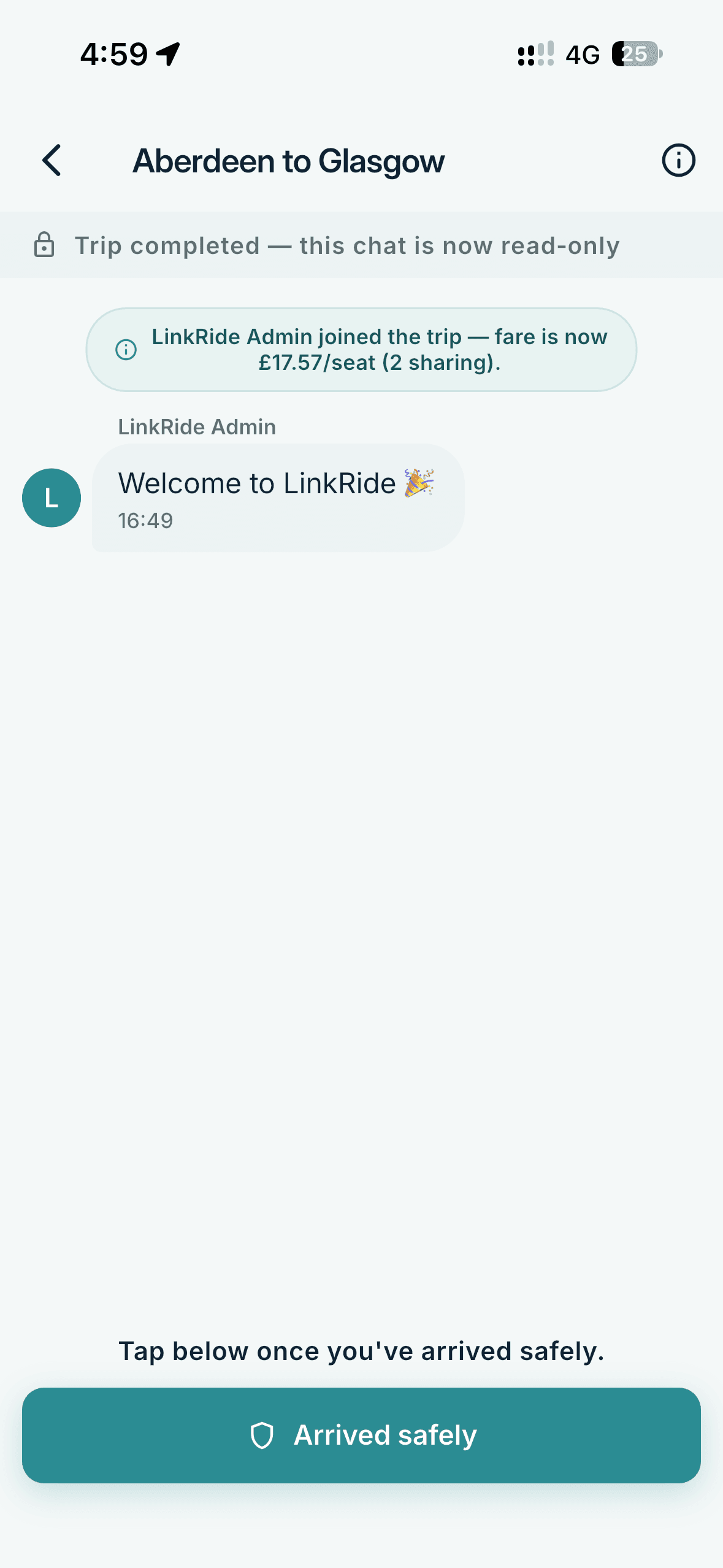 Trip chat after the journey, with an Arrived safely button