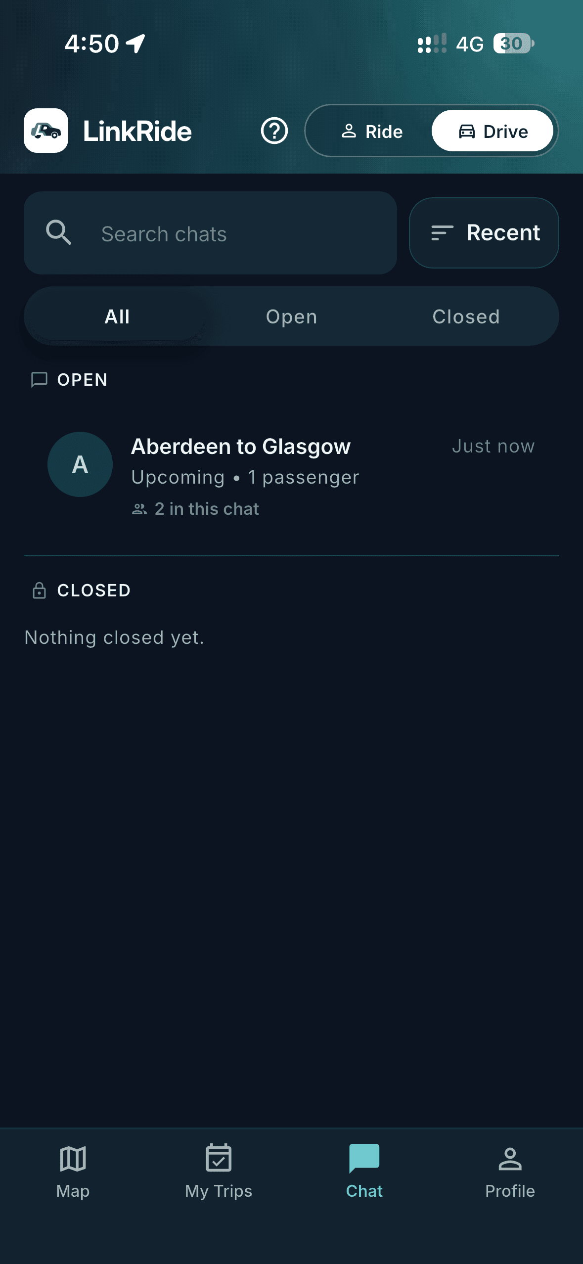 Chats tab listing each trip's group chat, split into open and closed