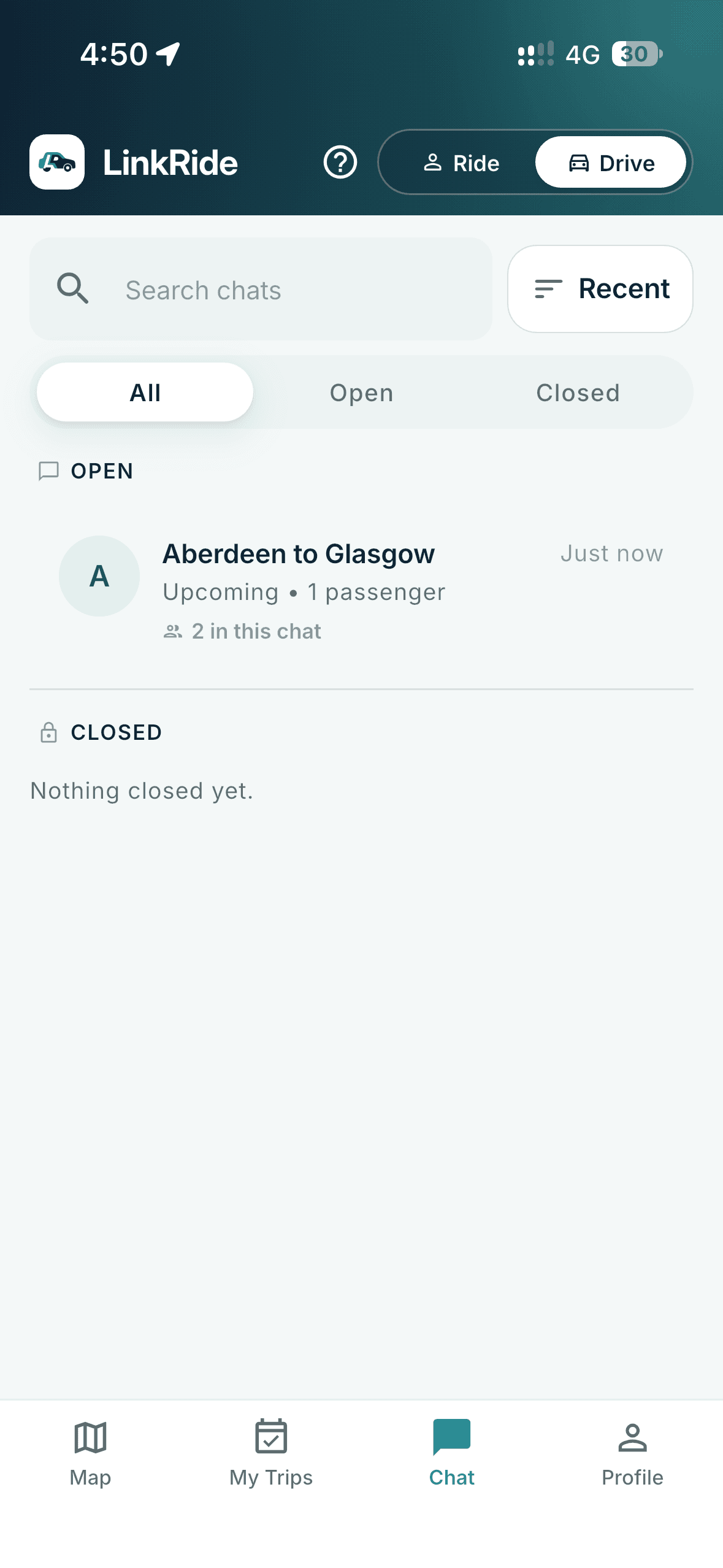 Chats tab listing each trip's group chat, split into open and closed