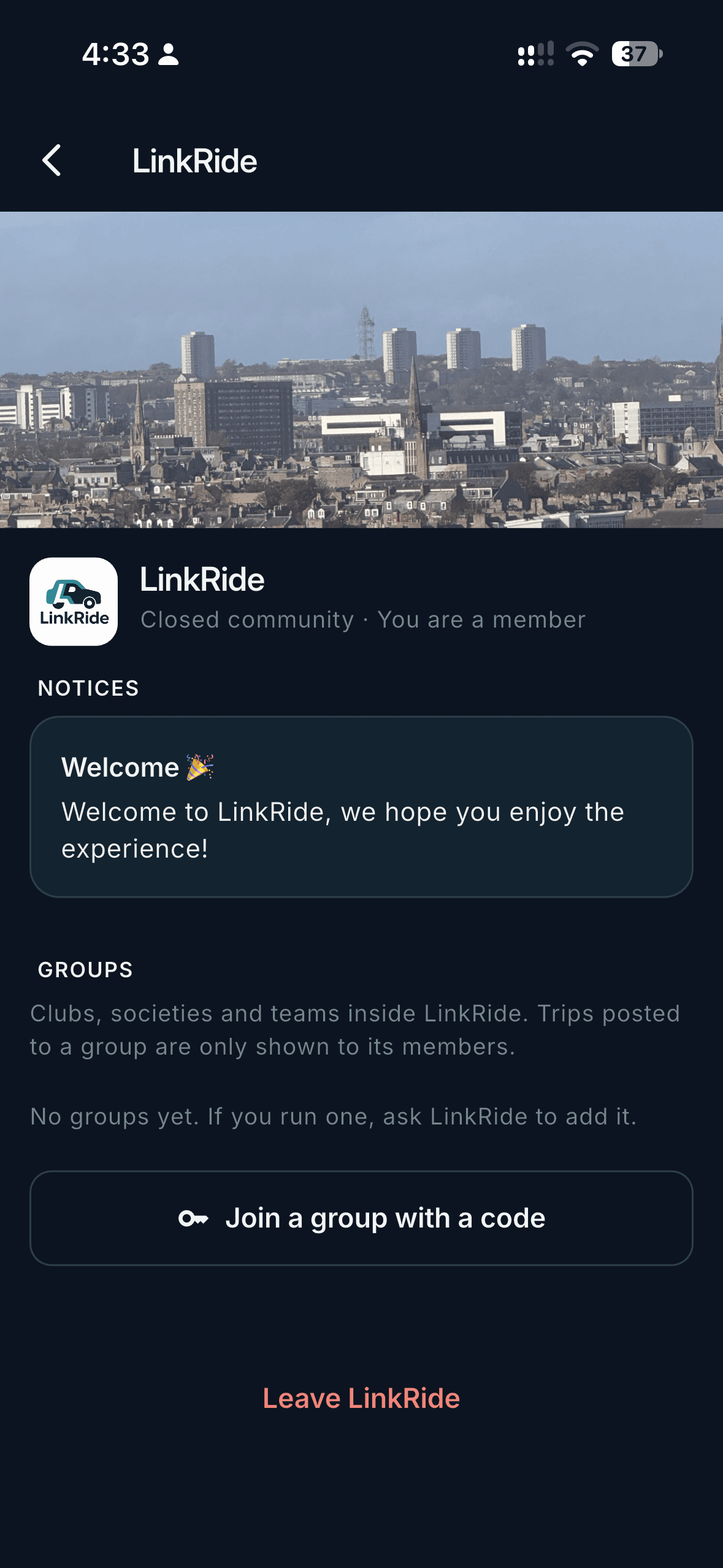A community page with notices, groups inside it, and a button to join a group with a code