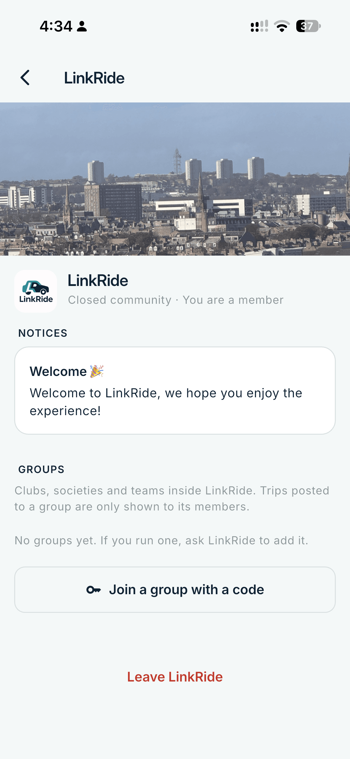 A community page with notices, groups inside it, and a button to join a group with a code