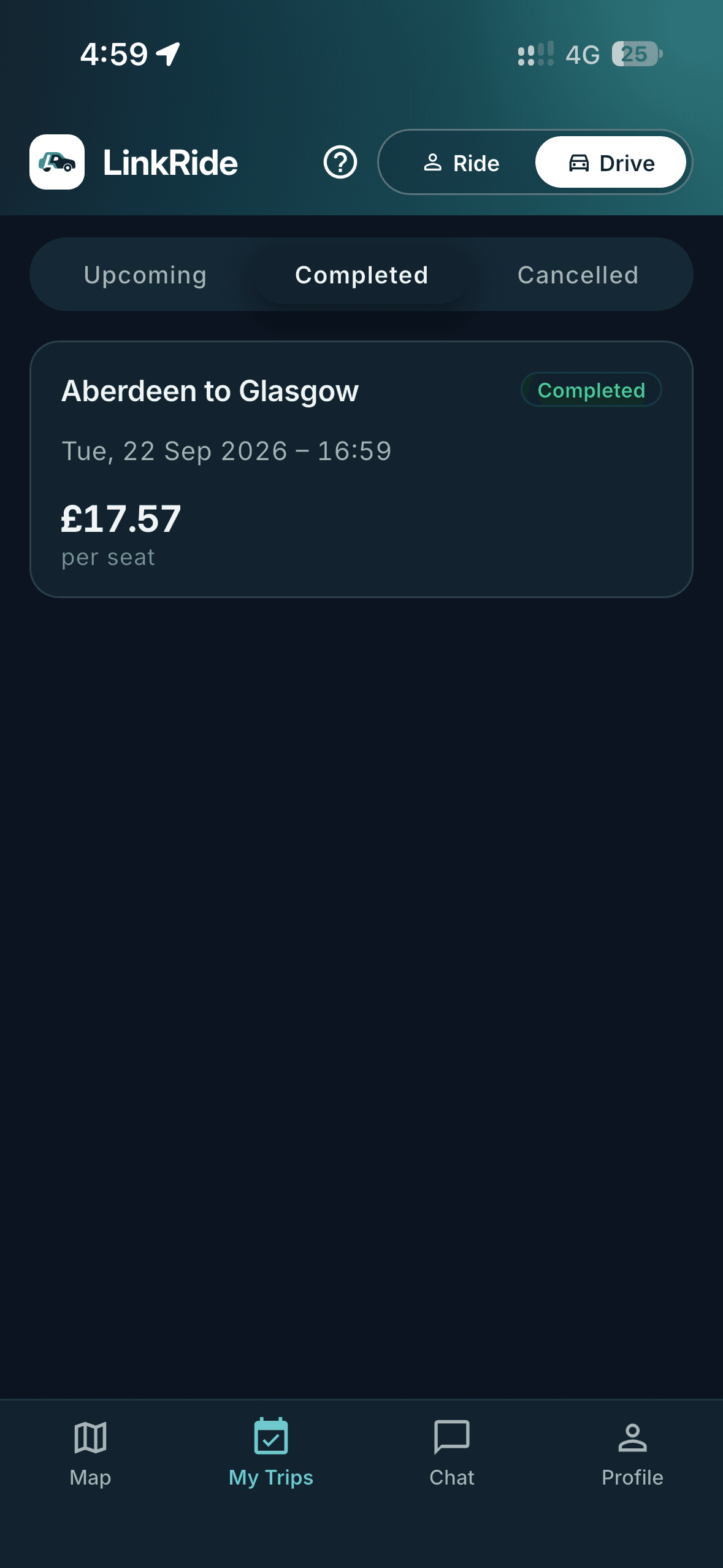 My Trips showing a completed Aberdeen to Glasgow trip at £17.57 a seat