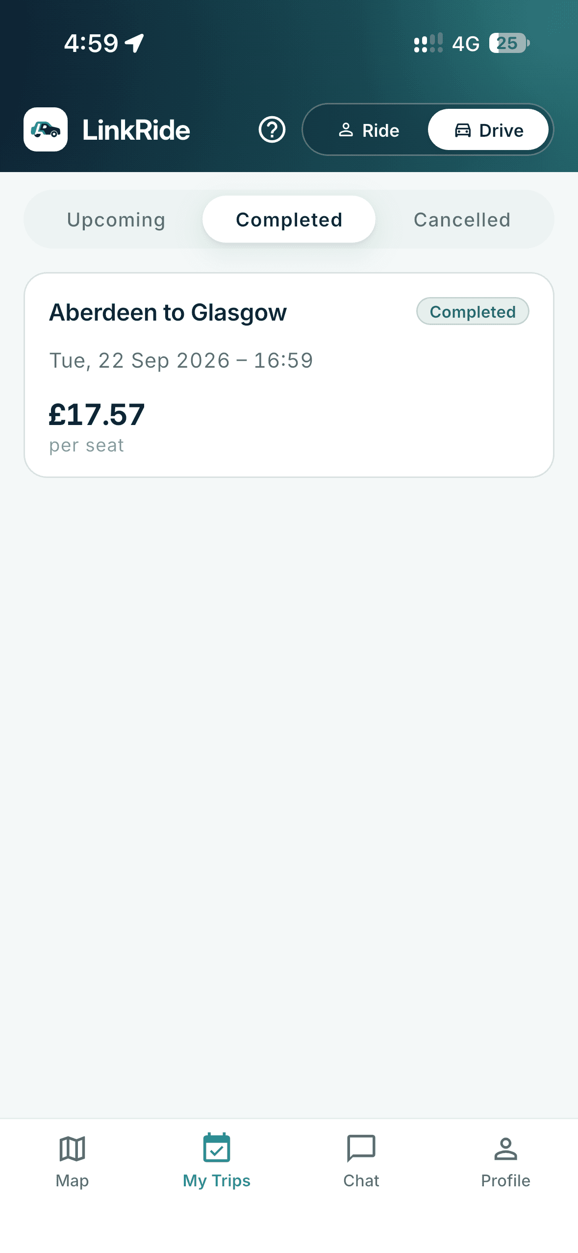 My Trips showing a completed Aberdeen to Glasgow trip at £17.57 a seat