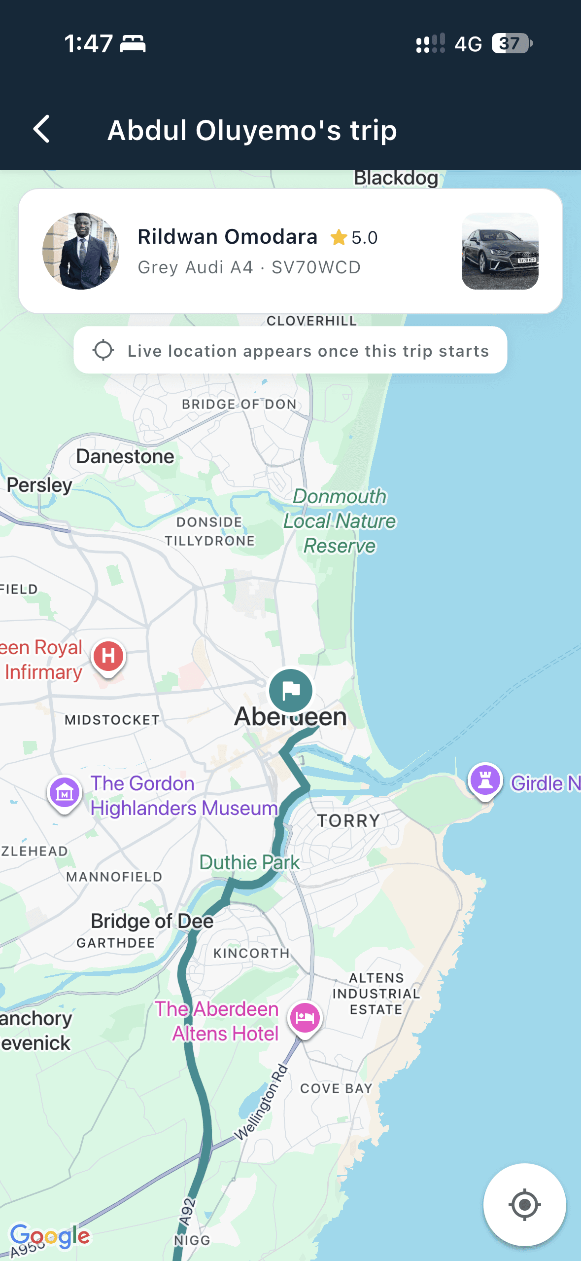 LinkRide live trip tracking with driver and vehicle details