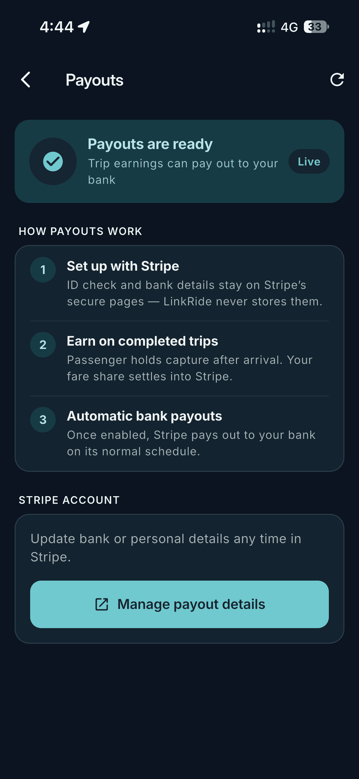 Payouts screen showing payouts are ready, how payouts work, and a button to manage payout details
