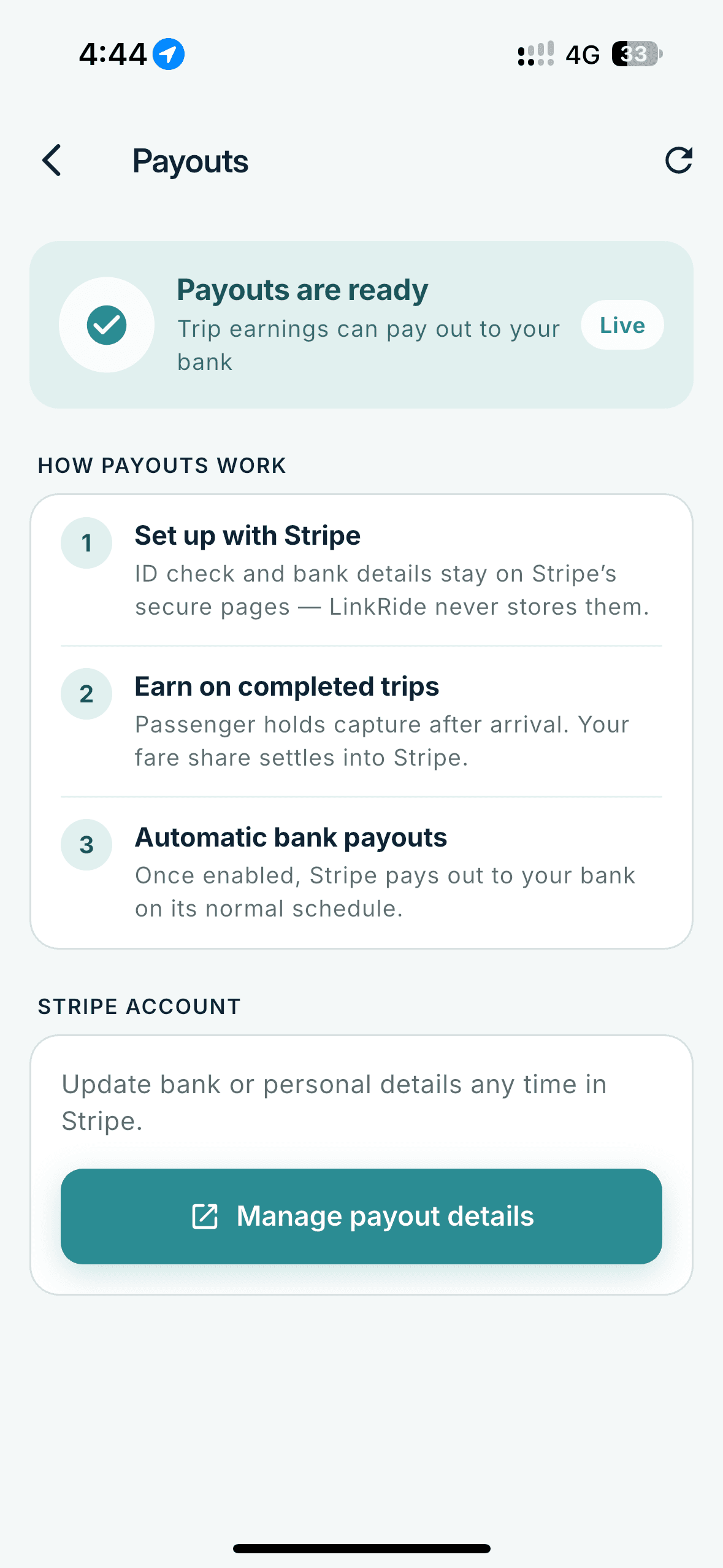 Payouts screen showing payouts are ready, how payouts work, and a button to manage payout details