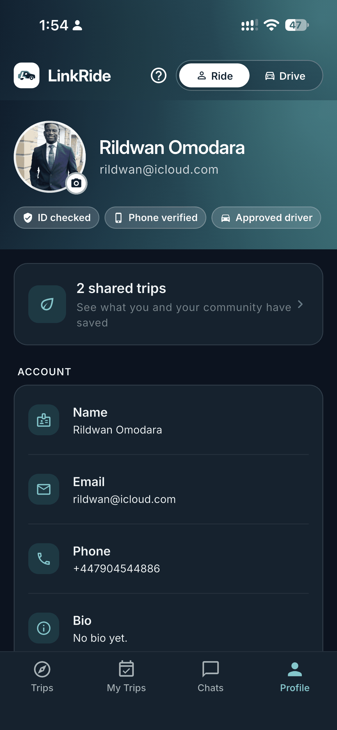 Profile with ID checked, phone verified and approved driver badges, trips shared so far, and account details