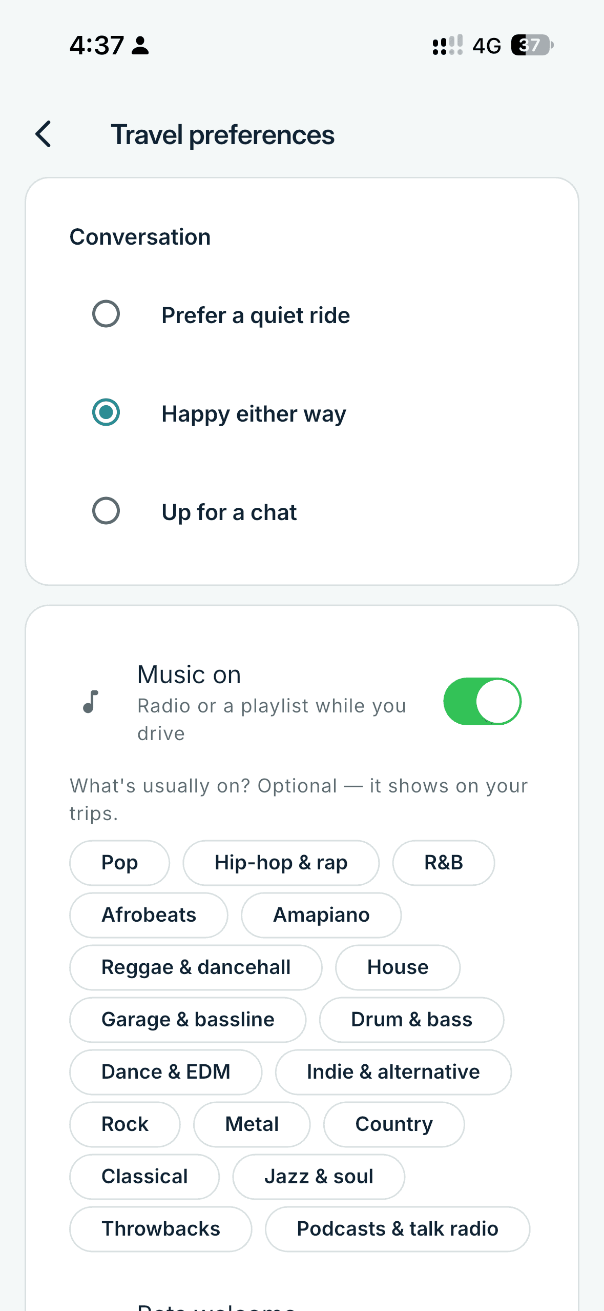 Travel preferences: conversation, music on, and the kinds of music usually played
