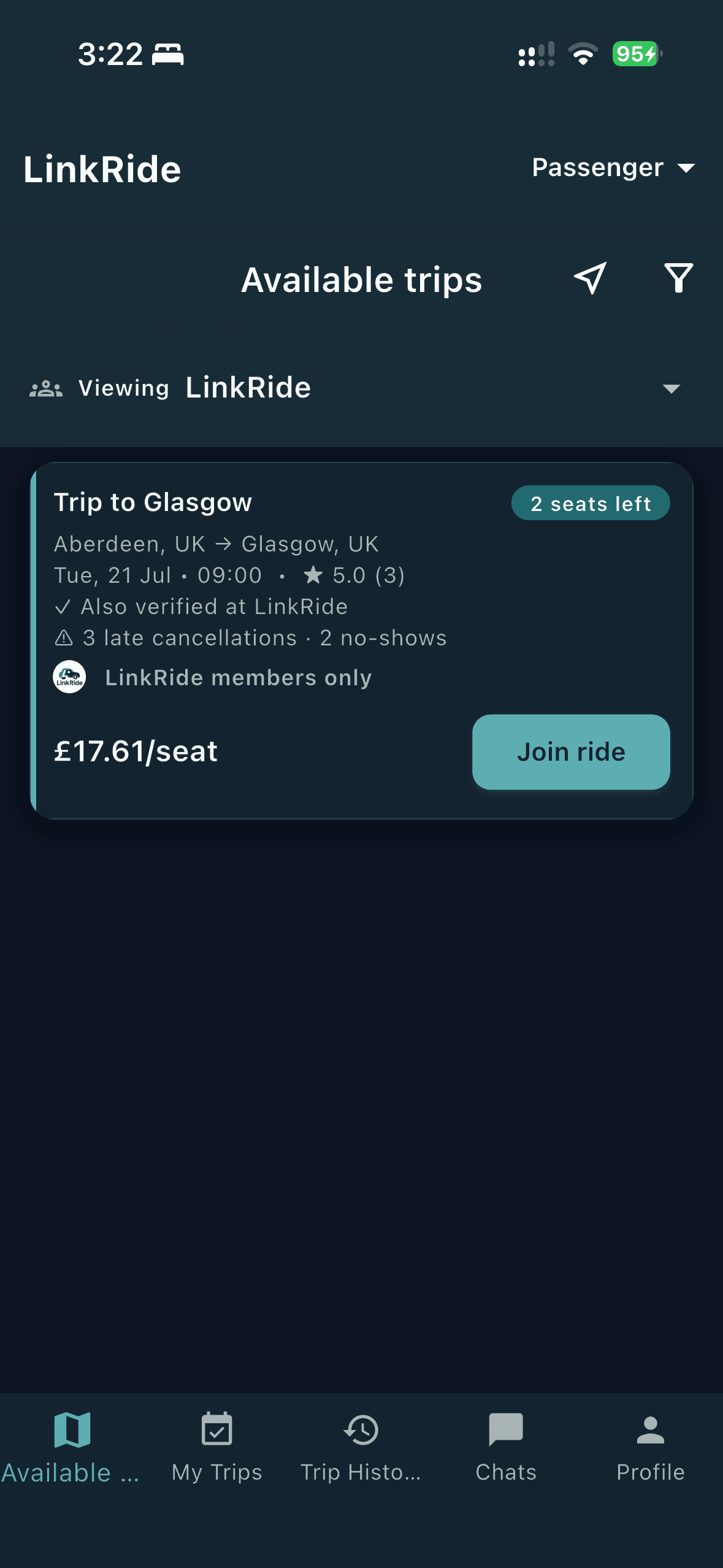 LinkRide app showing an available trip from Aberdeen to Glasgow, 2 seats left at £17.61 a seat