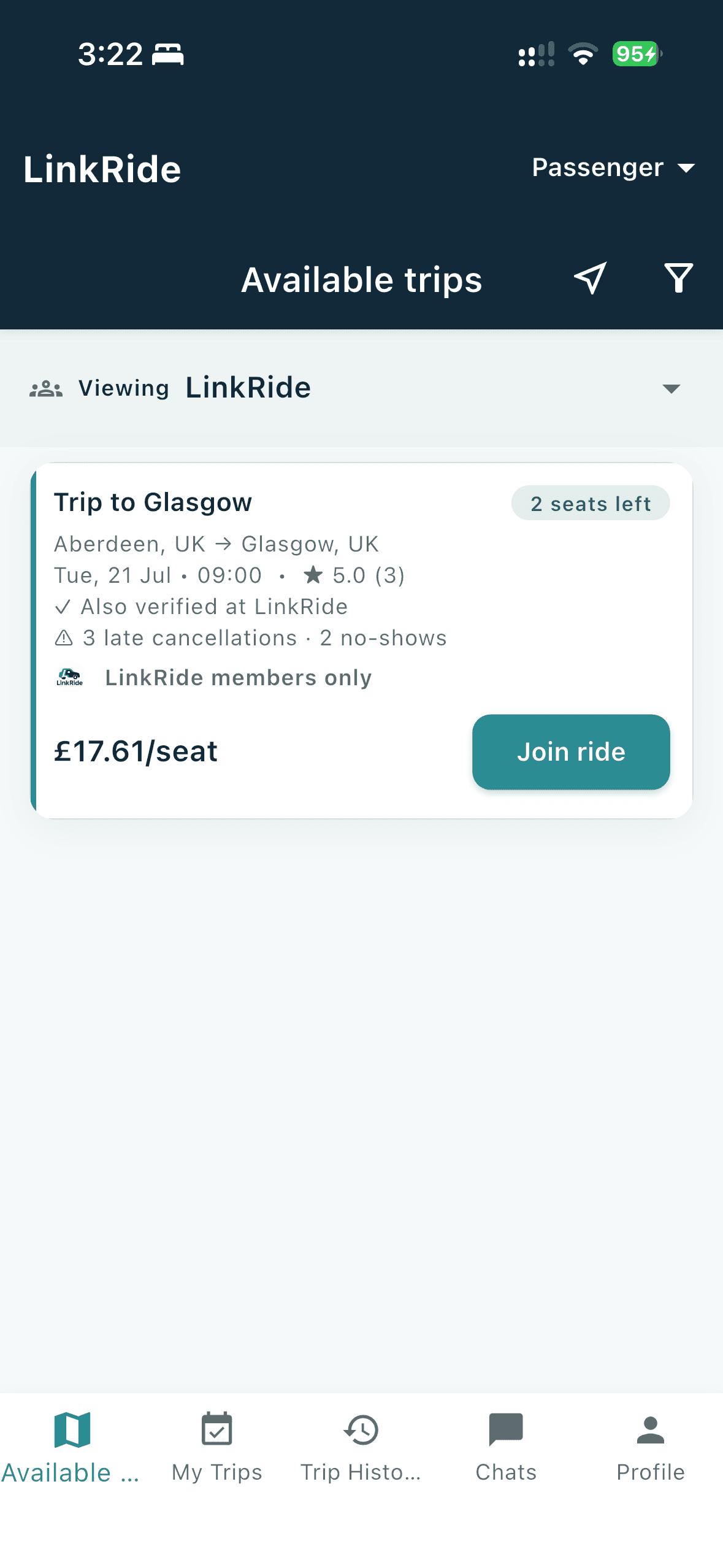 LinkRide app showing an available trip from Aberdeen to Glasgow, 2 seats left at £17.61 a seat