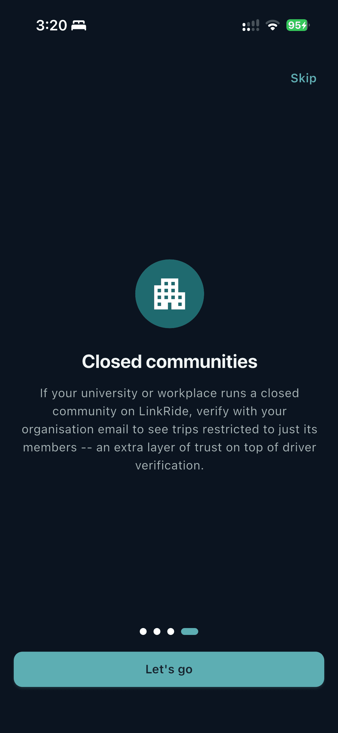 LinkRide app's onboarding screen introducing closed communities
