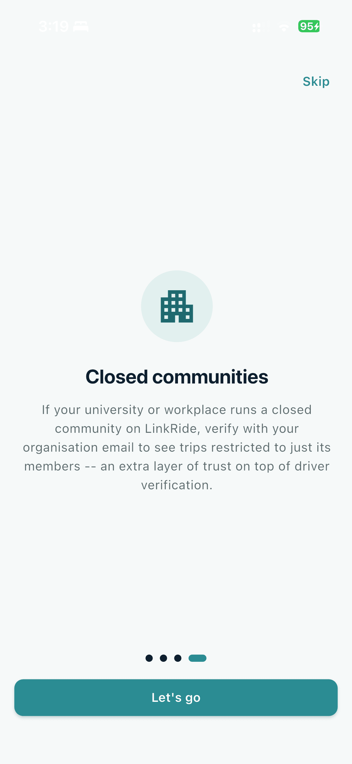 LinkRide app's onboarding screen introducing closed communities