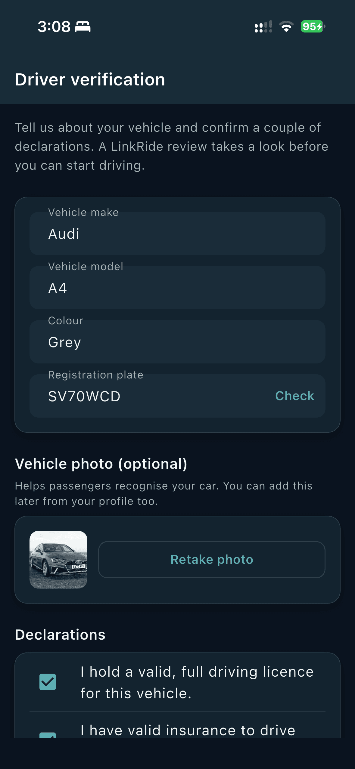 LinkRide app's driver verification screen with vehicle details and declarations