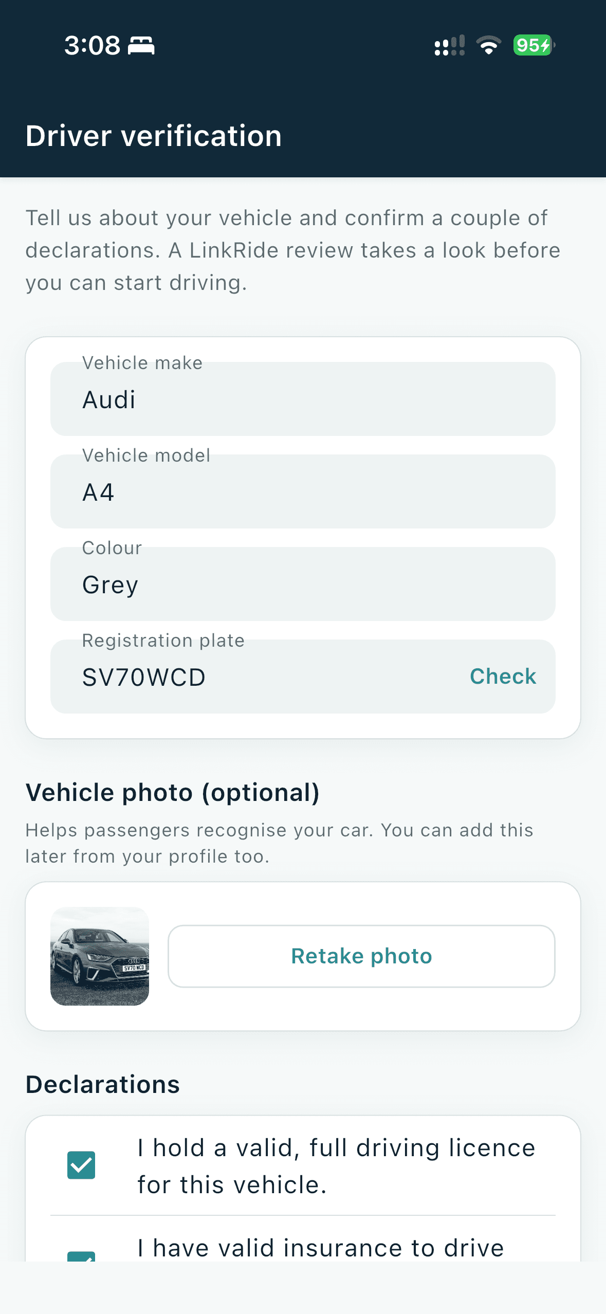 LinkRide app's driver verification screen with vehicle details and declarations