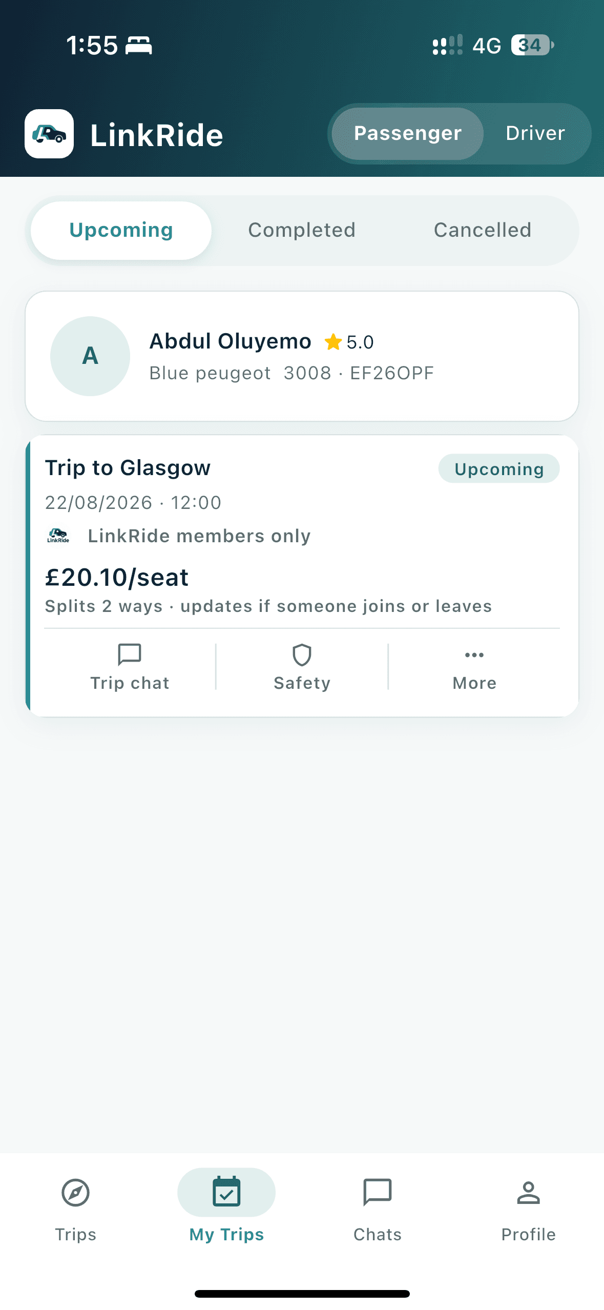 Passenger My Trips screen showing an upcoming Glasgow trip with the driver and seat price