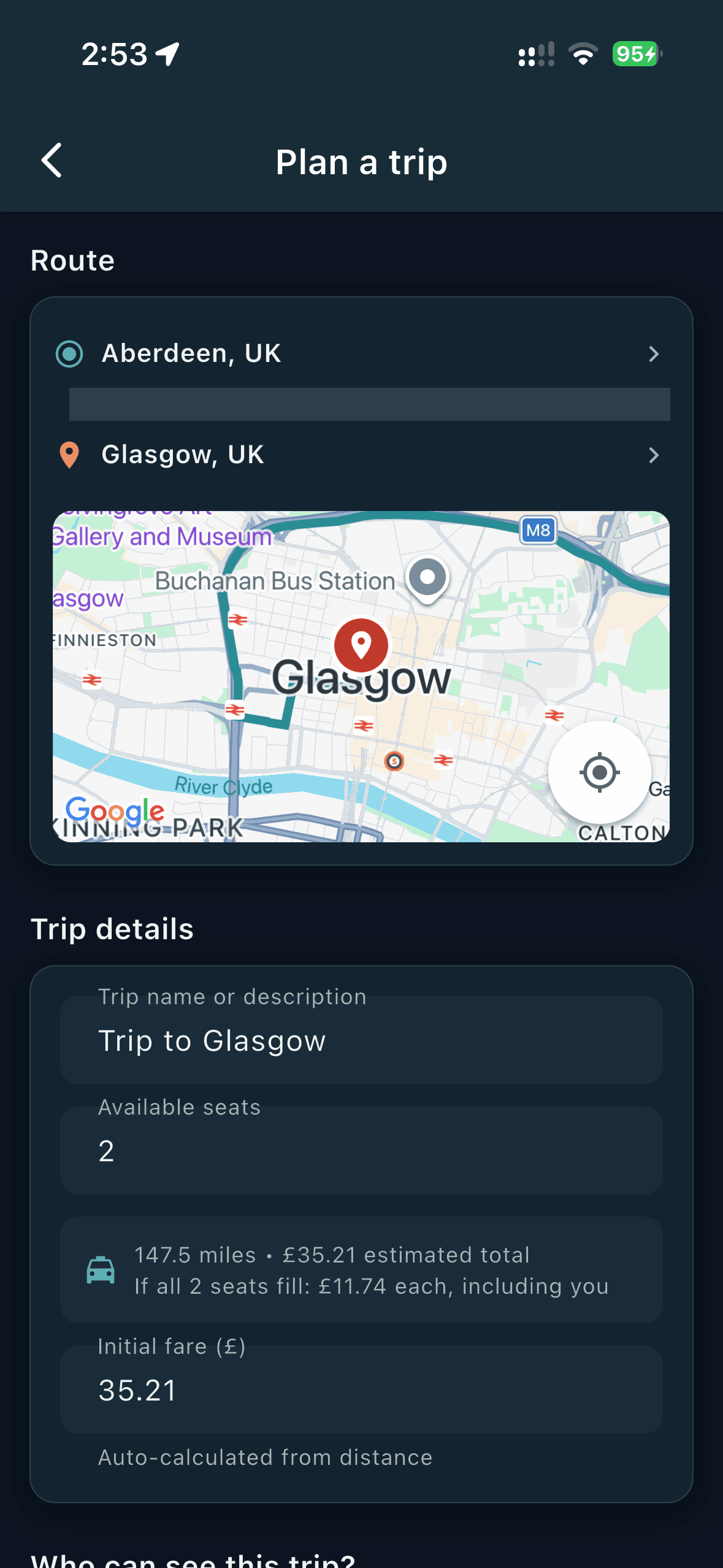 LinkRide app's trip creation screen with route, seats, and auto-calculated cost