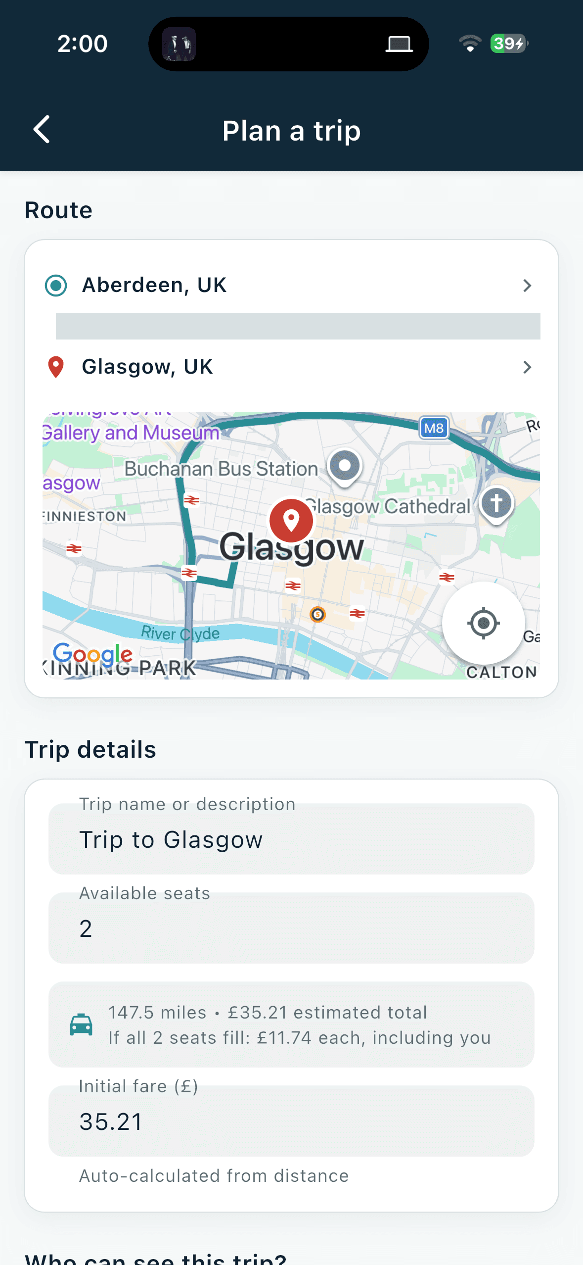 LinkRide app's trip creation screen with route, seats, and auto-calculated cost