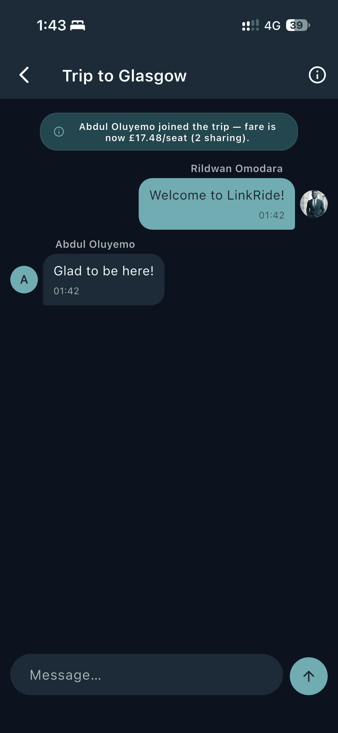 LinkRide in-trip group chat with a live fare update after someone joins