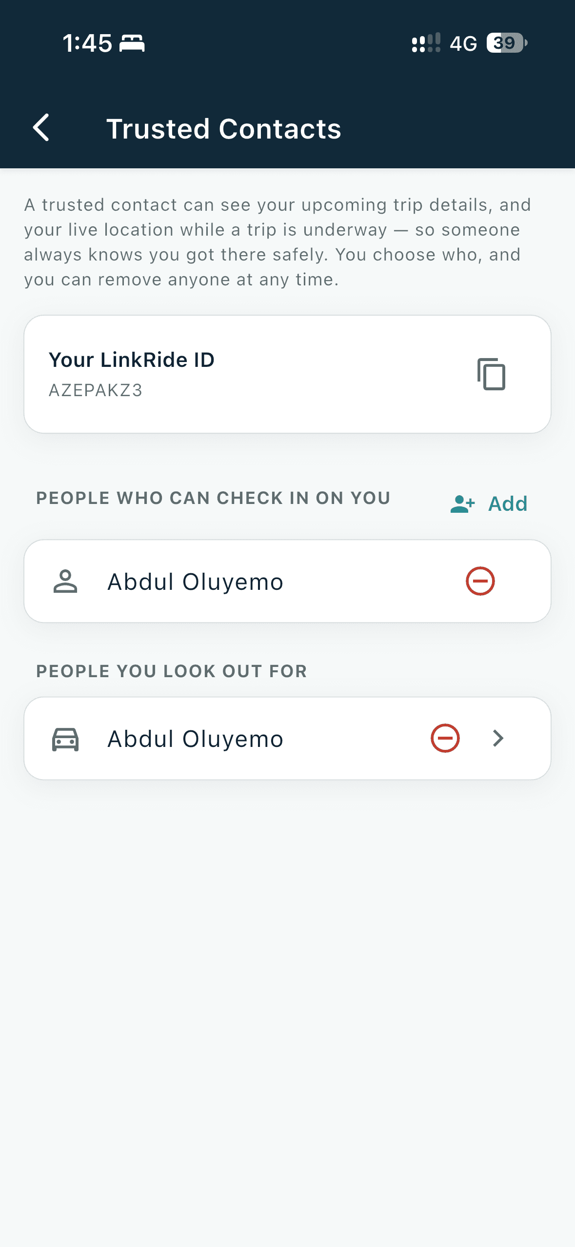 Trusted contacts screen with people who can check in on you and people you look out for